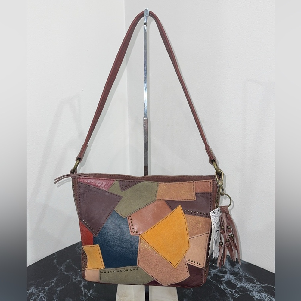 The SAK Brown Shoulder Bag Tote Multi-Patchwork Stud Indio Leather AUTHENTIC